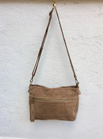 BOHO suede leather bag in TAUPE. Soft natural leather bag with tassels, crossbody bag with adjustable straps. Boho, festival or casual bag