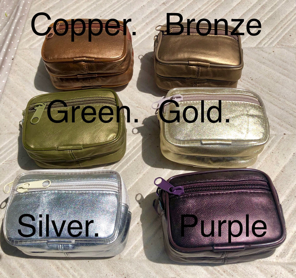 Metallic shine leather wallet. Genuine leather small purse , fits credit cards, coins, bills. Keyring inside. Belt purse. waist bag + zipper