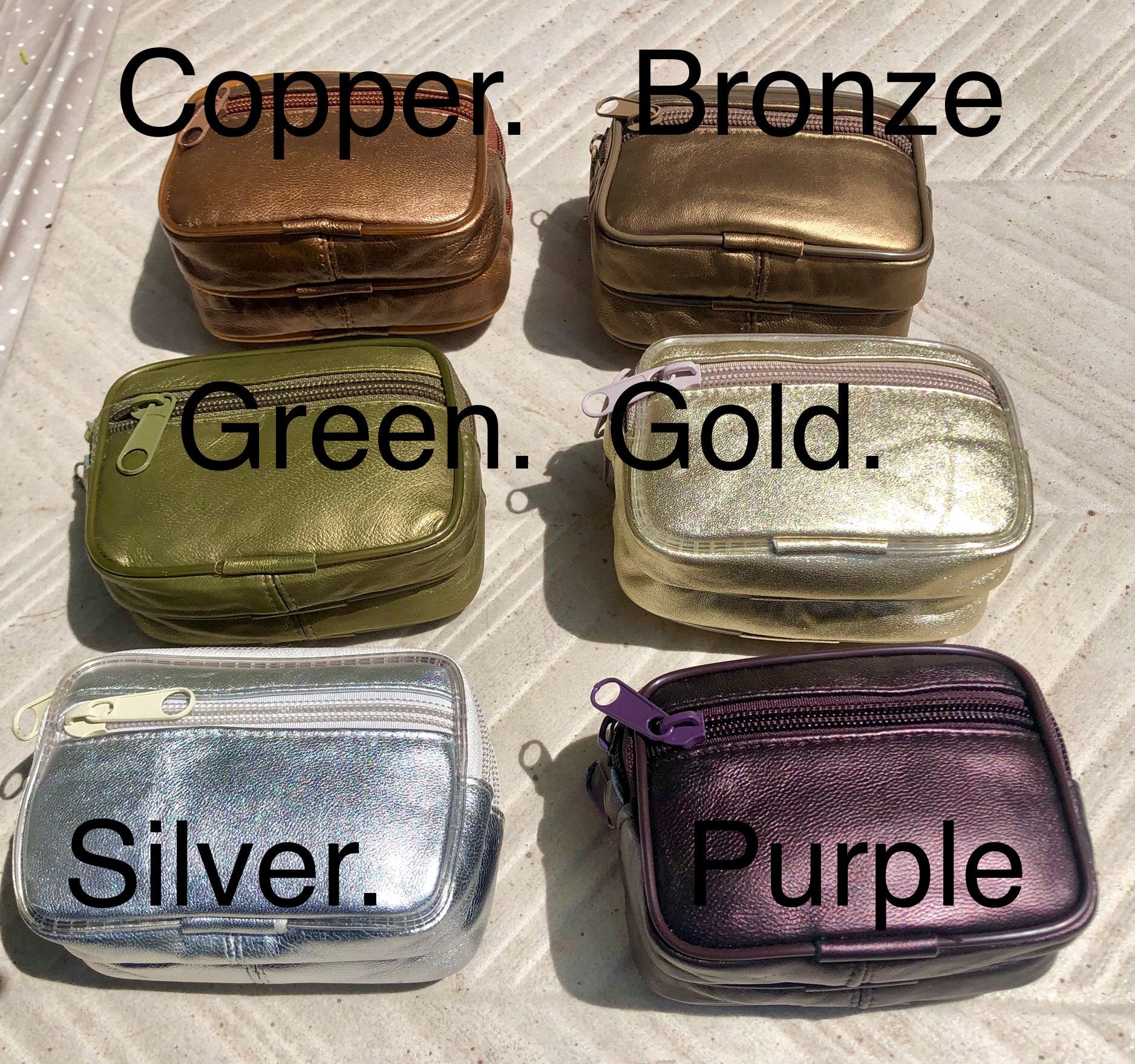 Metallic shine leather wallet. Genuine leather small purse , fits credit cards, coins, bills. Keyring inside. Belt purse. waist bag + zipper