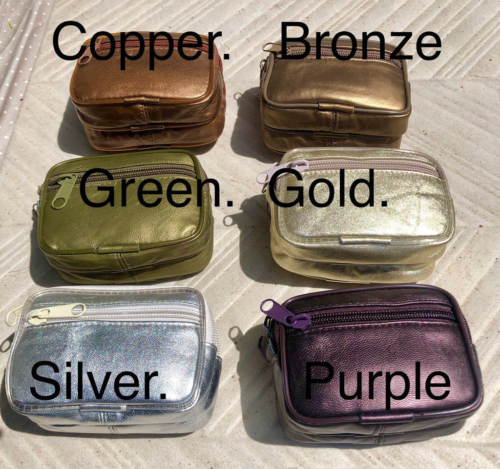 Metallic shine leather wallet. Genuine leather small purse , fits credit cards, coins, bills. Keyring inside. Belt purse. waist bag + zipper