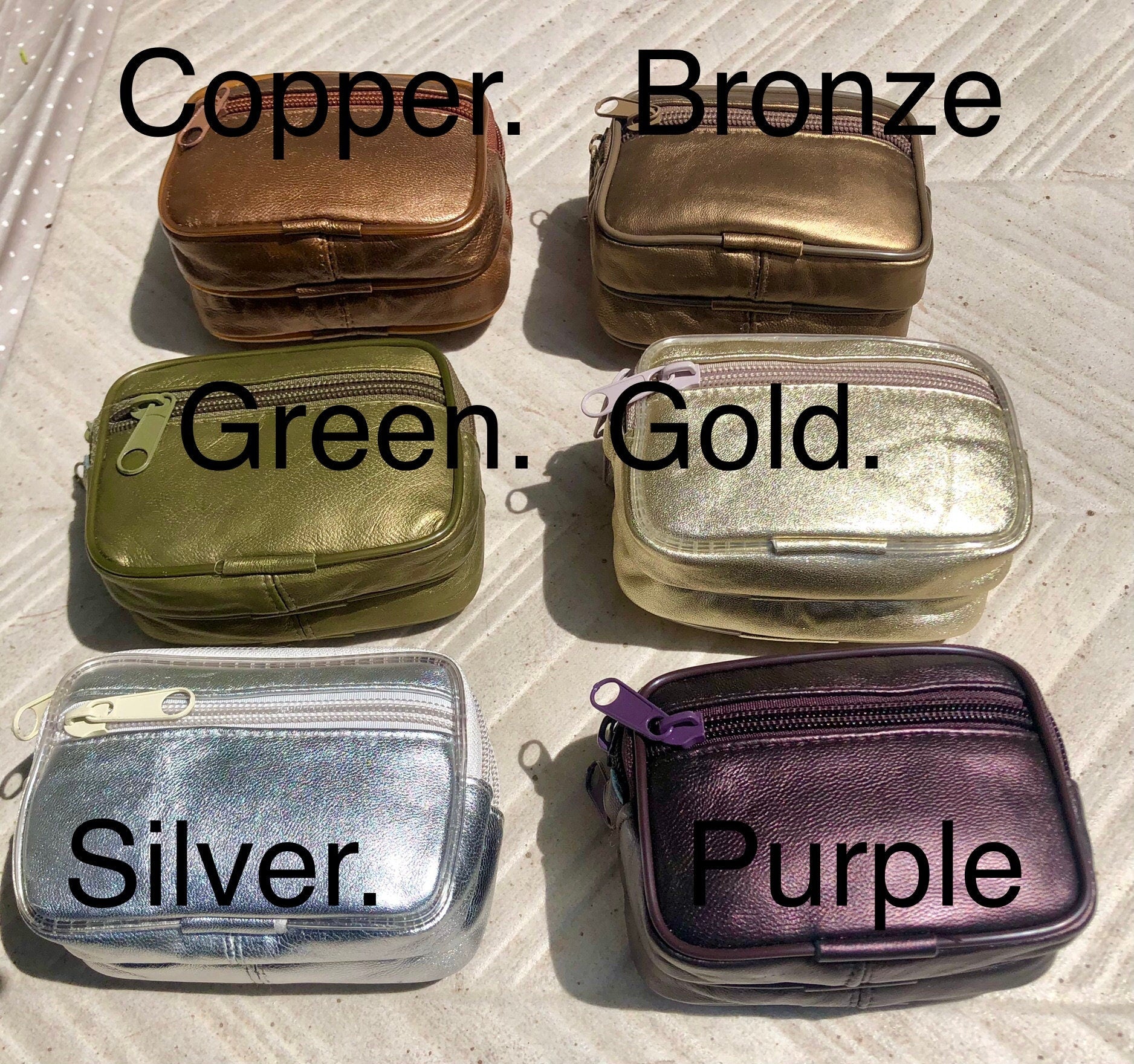 Metallic shine leather wallet. Genuine leather small purse , fits credit cards, coins, bills. Keyring inside. Belt purse. waist bag + zipper