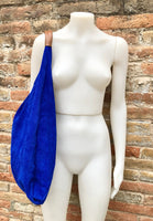 Slouch leather bag in cobalt blue suede. Genuine leather shoulder bag. Origami shopper bag + camel brown leather accent. Royal blue purse