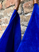 Slouch leather bag in cobalt blue suede. Genuine leather shoulder bag. Origami shopper bag + camel brown leather accent. Royal blue purse