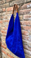 Slouch leather bag in cobalt blue suede. Genuine leather shoulder bag. Origami shopper bag + camel brown leather accent. Royal blue purse