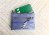 Small coin purse in genuine leather, 3 zippers. Fits credit cards, coins, bills. Small leather wallet. Beige, brown, purple, aqua green.