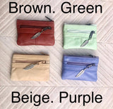 Small coin purse in genuine leather, 3 zippers. Fits credit cards, coins, bills. Small leather wallet. Beige, brown, purple, aqua green.