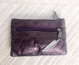 Small purse in metallic shine genuine leather, 3 zippers. Fits credit cards, coins, bills. Small leather wallet.Gold, silver, copper, purple