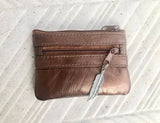 Small purse in metallic shine genuine leather, 3 zippers. Fits credit cards, coins, bills. Small leather wallet.Gold, silver, copper, purple