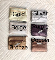 Small purse in metallic shine genuine leather, 3 zippers. Fits credit cards, coins, bills. Small leather wallet.Gold, silver, copper, purple