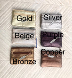 Small purse in metallic shine genuine leather, 3 zippers. Fits credit cards, coins, bills. Small leather wallet.Gold, silver, copper, purple