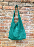Large TOTE leather bag in GREEN with ZIPPER. Soft natural suede genuine leather shopper. Bohemian bag. Green suede slouch bag. Carry all bag