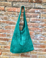 Large TOTE leather bag in GREEN with ZIPPER. Soft natural suede genuine leather shopper. Bohemian bag. Green suede slouch bag. Carry all bag