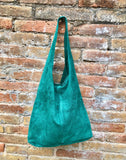 Large TOTE leather bag in GREEN with ZIPPER. Soft natural suede genuine leather shopper. Bohemian bag. Green suede slouch bag. Carry all bag