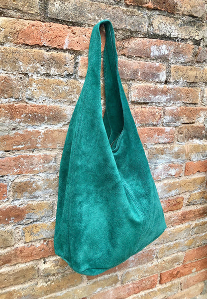 Large TOTE leather bag in GREEN with ZIPPER. Soft natural suede genuine leather shopper. Bohemian bag. Green suede slouch bag. Carry all bag