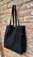 Tote suede leather bag in BLACK.Soft natural genuine leather shopper bag. Black suede shopper. Black shoulder bag. Black suede purse.