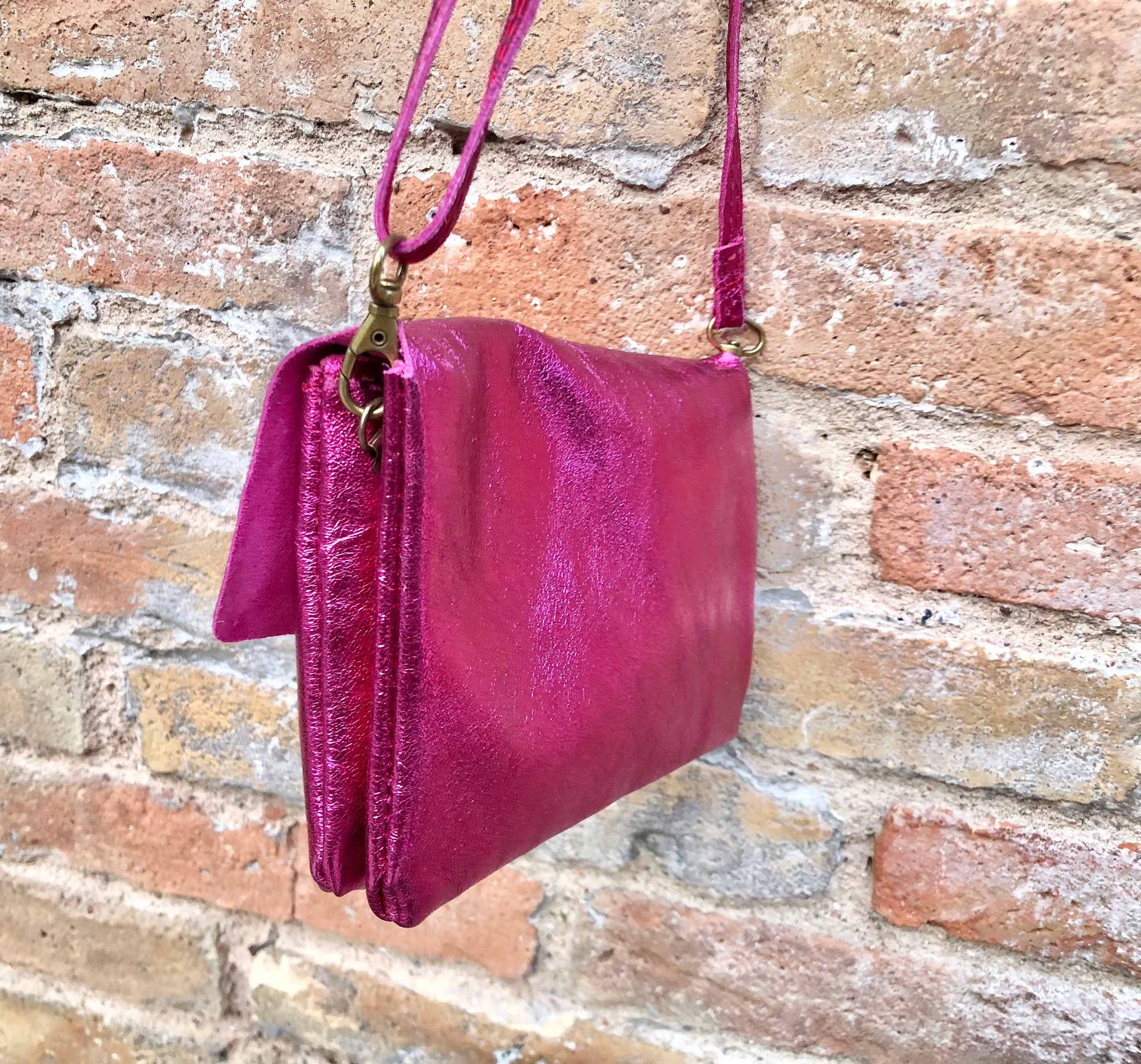 Metallic shine hot pink genuine leather bag + obi belt. Small shoulder / crossbody bag + belt set. Pink party purse + wraparound belt
