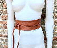 ORANGE - BROWN belt wrap belt in soft genuine leather. Waist belt in rusty brown. Light terracotta wraparound wide belt.