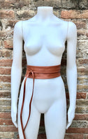 ORANGE - BROWN belt wrap belt in soft genuine leather. Waist belt in rusty brown. Light terracotta wraparound wide belt.