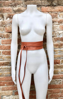 ORANGE - BROWN belt wrap belt in soft genuine leather. Waist belt in rusty brown. Light terracotta wraparound wide belt.