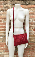 Burgundy suede leather bag . Genuine leather cross body / shoulder bag. Small wine red leather bag + adjustable strap and zipper. Red purse