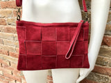 Burgundy suede leather bag . Genuine leather cross body / shoulder bag. Small wine red leather bag + adjustable strap and zipper. Red purse