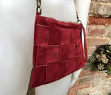 Burgundy suede leather bag . Genuine leather cross body / shoulder bag. Small wine red leather bag + adjustable strap and zipper. Red purse