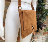 BOHO suede leather bag in light CAMEL BROWN. Soft natural genuine suede leather bag. Crossover, messenger bag in suede. Mustard brown purse