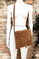 BOHO suede leather bag in light CAMEL BROWN. Soft natural genuine suede leather bag. Crossover, messenger bag in suede. Mustard brown purse