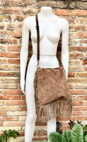 Brown crossbody / shoulder bag. Taupe brown boho suede leather bag with FRINGES. Genuine leather messenger with 2 straps. Brown suede purse