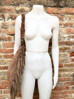 Brown crossbody / shoulder bag. Taupe brown boho suede leather bag with FRINGES. Genuine leather messenger with 2 straps. Brown suede purse