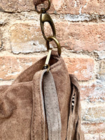 Brown crossbody / shoulder bag. Taupe brown boho suede leather bag with FRINGES. Genuine leather messenger with 2 straps. Brown suede purse