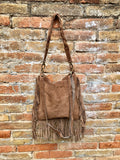 Brown crossbody / shoulder bag. Taupe brown boho suede leather bag with FRINGES. Genuine leather messenger with 2 straps. Brown suede purse