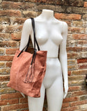 TOTE leather bag in orange - brown. Genuine soft natural suede. Terracotta large SHOPPER leather bag. Laptop bag in dark orange suede.