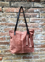 TOTE leather bag in orange - brown. Genuine soft natural suede. Terracotta large SHOPPER leather bag. Laptop bag in dark orange suede.