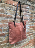 TOTE leather bag in orange - brown. Genuine soft natural suede. Terracotta large SHOPPER leather bag. Laptop bag in dark orange suede.