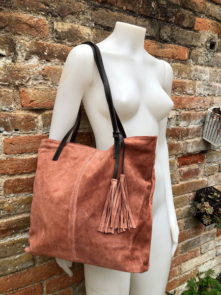 TOTE leather bag in orange - brown. Genuine soft natural suede. Terracotta large SHOPPER leather bag. Laptop bag in dark orange suede.