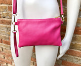 Small leather bag in Fuchsia pink. Cross body, shoulder bag or wristlet in GENUINE leather. Pink purse with adjustable strap. Soft leather.