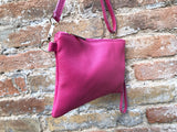 Small leather bag in Fuchsia pink. Cross body, shoulder bag or wristlet in GENUINE leather. Pink purse with adjustable strap. Soft leather.