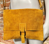 Crossbody suede leather bag in MUSTARD YELLOW. Soft genuine suede leather bag. Crossover, messenger bag in suede. Boho bag for tablet.