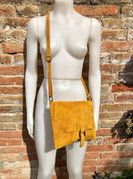 Crossbody suede leather bag in MUSTARD YELLOW. Soft genuine suede leather bag. Crossover, messenger bag in suede. Boho bag for tablet.