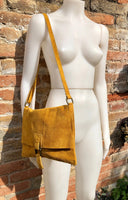 Crossbody suede leather bag in MUSTARD YELLOW. Soft genuine suede leather bag. Crossover, messenger bag in suede. Boho bag for tablet.