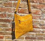 Crossbody suede leather bag in MUSTARD YELLOW. Soft genuine suede leather bag. Crossover, messenger bag in suede. Boho bag for tablet.