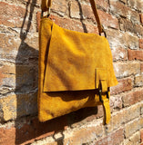 Crossbody suede leather bag in MUSTARD YELLOW. Soft genuine suede leather bag. Crossover, messenger bag in suede. Boho bag for tablet.