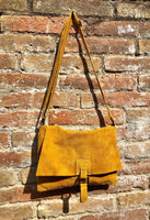 Crossbody suede leather bag in MUSTARD YELLOW. Soft genuine suede leather bag. Crossover, messenger bag in suede. Boho bag for tablet.