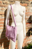 Suede bag in light PURPLE - PINK. Genuine leather shoulder / messenger bag. Mauve suede purse. Lilac suede crossbody. Flap + zipper