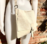 Suede bag in light beige. Genuine leather shoulder / messenger bag. Cream color suede purse. Broken white suede crossbody. Flap + zipper