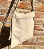 Suede bag in light beige. Genuine leather shoulder / messenger bag. Cream color suede purse. Broken white suede crossbody. Flap + zipper