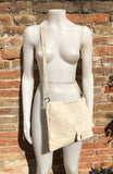 Suede bag in light beige. Genuine leather shoulder / messenger bag. Cream color suede purse. Broken white suede crossbody. Flap + zipper