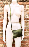 Small leather bag in METALLIC GREEN .Cross body, shoulder bag or wristlet in GENUINE leather. Green leather purse + adjustable strap