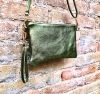 Small leather bag in METALLIC GREEN .Cross body, shoulder bag or wristlet in GENUINE leather. Green leather purse + adjustable strap